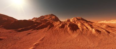 Mars gezegeninin arka planı, hayali Mars gezegeninin 3D görüntüsü, dağlarla aşınmış turuncu çöl ve parlayan güneş, gerçekçi bilim kurgu Mars manzara çizimleri..