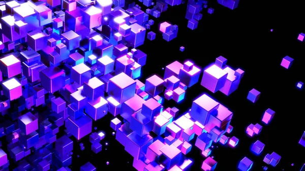 Abstract Technology Background Cubes Space Purple Blue Neon Glowing Cubes — 图库照片