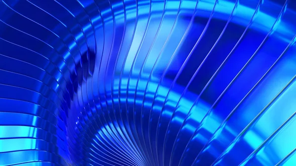青メタリックの背景 ストライプと波状のスパイラルパターンを持つ3D光沢のある青のクロム 現代的なデザインの背景 3Dレンダリングイラスト — ストック写真
