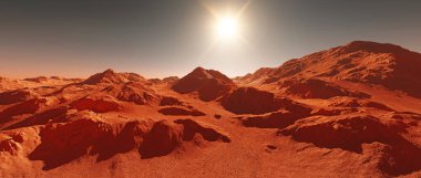 Mars gezegeninin arka planı, hayali Mars gezegeninin 3D görüntüsü, dağlarla aşınmış turuncu çöl ve parlayan güneş, gerçekçi bilim kurgu Mars manzara çizimleri..