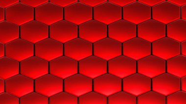 Kırmızı altıgenler 3 boyutlu geometrik arkaplan, parlak metalik bal peteği deseni, 3 boyutlu görüntüleme teknolojisi.