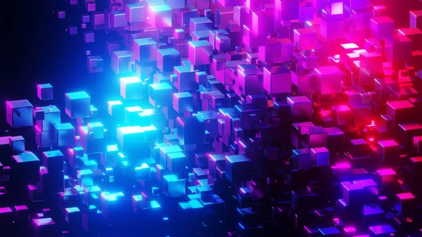 Sfondo Astratto Molti Cubi Con Neon Viola Bagliore Blu Sul — Foto Stock