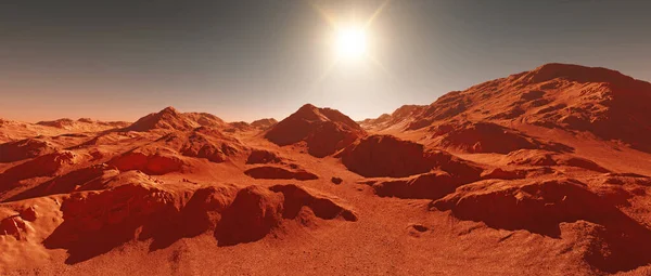 Marsplanetenhintergrund Darstellung Eines Imaginären Marsplanetengeländes Orangefarbene Erodierte Wüste Mit Bergen — Stockfoto