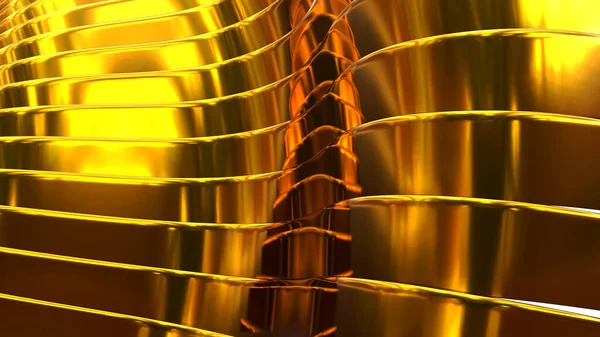 ゴールドメタリックの背景 ストライプと波状のスパイラルパターンを持つ光沢のある3D モダンなデザインの背景 3Dレンダリングイラスト — ストック写真