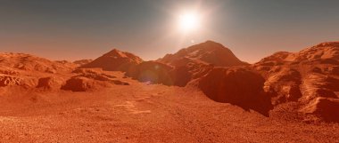 Mars gezegeninin arka planı, hayali Mars gezegeninin 3D görüntüsü, dağlarla aşınmış turuncu çöl ve parlayan güneş, gerçekçi bilim kurgu Mars manzara çizimleri..