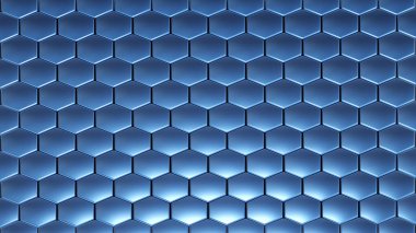 Mavi altıgenler 3 boyutlu geometrik arkaplan, parlak metalik bal peteği deseni, 3 boyutlu görüntüleme teknolojisi.