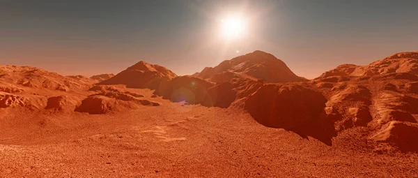 火星の惑星の背景 想像上の火星の惑星の地形の3Dレンダリング 山と輝く太陽とオレンジ浸食砂漠 現実的なSf火星の風景イラスト — ストック写真