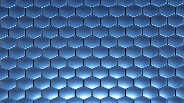 Niebieskie Sześciokąty Geometryczne Tło Błyszczący Metaliczny Wzór Plastra Miodu Renderowania — Zdjęcie stockowe