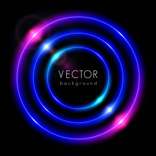 Abstrakt Cirkel Ljus Neon Glödande Ringar Svart Bakgrund Lila Blå — Stock vektor