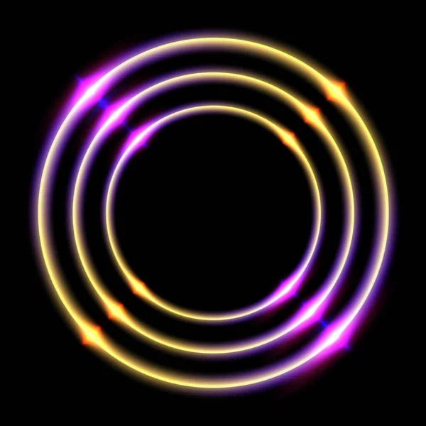アブストラクトサークルライトネオンが黒の背景に輝くリング コピースペースと紫色の金同心円状レーザー光サークル ベクトルイラストの背景 — ストックベクタ