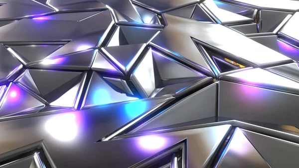アブストラクトモザイク背景 銀金属多角形 三角形の形紫青金属壁紙デザイン 3Dレンダリングイラスト — ストック写真