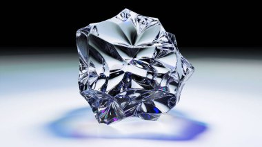 Gri arkaplanda cam şeffaf taş, soyut bir arkaplan olarak ışık yansıması olan elmas, üç boyutlu resimleme.