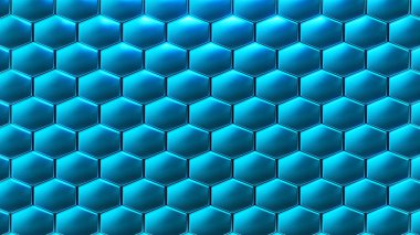 Mavi altıgenler 3 boyutlu geometrik arkaplan, parlak metalik bal peteği deseni, 3 boyutlu görüntüleme teknolojisi.