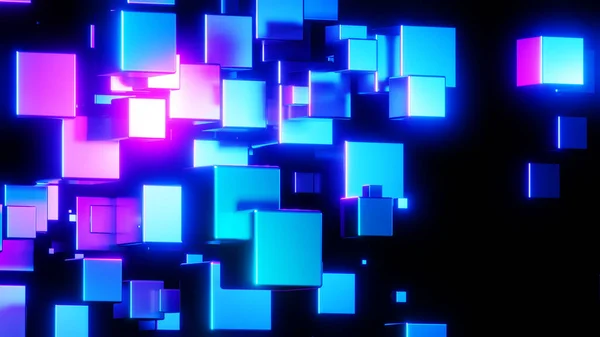 Abstrakt Teknik Bakgrund Med Kuber Rymden Lila Blå Neon Glödande — Stockfoto