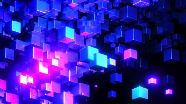 Uzayda 3 boyutlu küpleri olan soyut teknoloji arka planı, siyah üzerine parlayan mor mavi neon küpleri, 3 boyutlu bilim duvar kağıdı çizimi