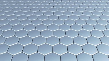 Mavi altıgenler 3 boyutlu geometrik arkaplan, parlak metalik bal peteği deseni, 3 boyutlu görüntüleme teknolojisi.