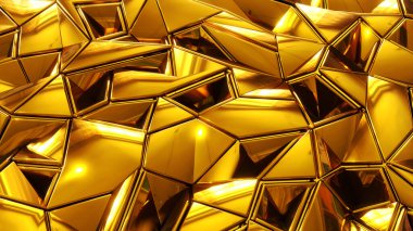 Abstract mosaic background, gold shiny metal polygons, triangle shapes golden metallic wallpaper design, 3d render illustration.
