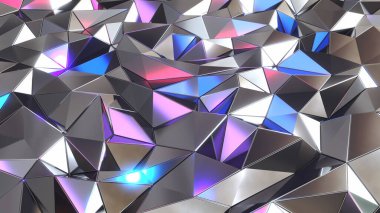 Silver mosaic background, shiny metal polygons abstract pattern, triangle shapes purple blue metallic wallpaper design, 3d render illustration.