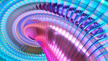 Abstract metallic 3d background, shiny and glossy multicolored striped pattern, interesting spiral chrome metal  lustrous stripes background, 3D render illustration.