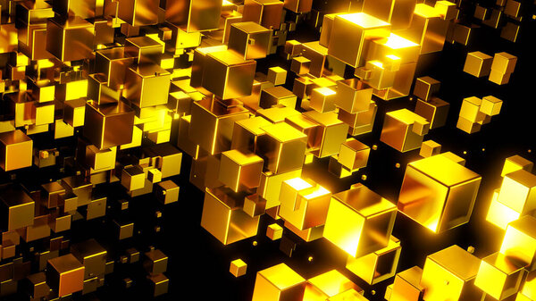 Абстрактный фон 3D, много золотых кубиков с неоновым золотым светом на черном интересном научно-техническом фоне, трехмерная иллюстрация.