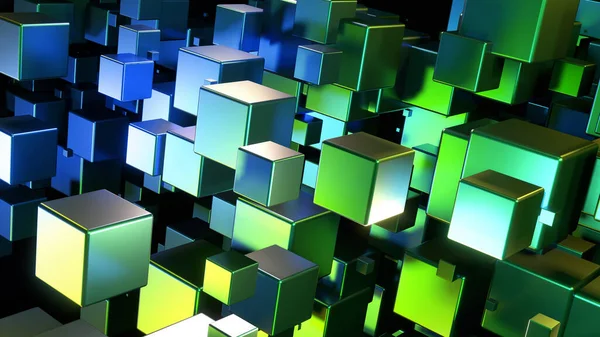 Astratto Sfondo Molti Cubi Blu Verde Metallizzato Con Neon Bagliore — Foto Stock