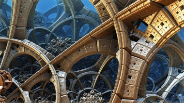 Soyut arkaplan, fantastik altın metal yapılar, antik uygarlık hayali arka plan, 3 boyutlu çizim.