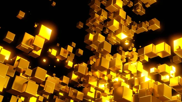 Sfondo Astratto Molti Cubi Oro Con Neon Bagliore Oro Sfondo — Foto Stock