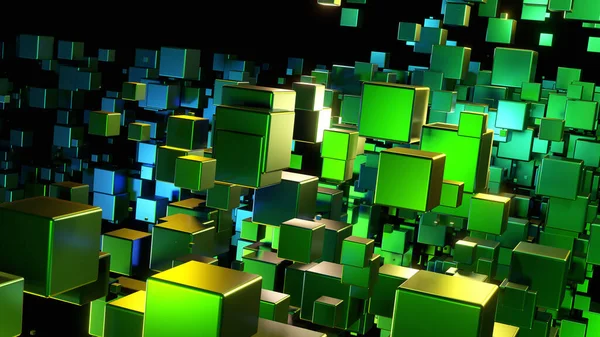 Abstract Background Many Metallic Green Blue Cubes Neon Glow Black — Stock Photo, Image
