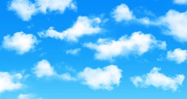 Güneşli bir arka plan, beyaz kümülüs bulutlu mavi gökyüzü, doğal yaz ya da bahar arkaplanı ve mükemmel sıcak hava durumu çizimi.