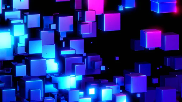 Astratto Sfondo Molti Cubi Blu Metallizzato Con Neon Bagliore Nero — Foto Stock