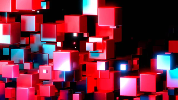 Fundo Abstrato Muitos Cubos Vermelhos Metálicos Com Brilho Néon Preto — Fotografia de Stock