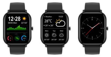 Smartwatch koleksiyonu, beyaz üzerine izole edilmiş gerçekçi ikonlar, teknolojik elektronik cihazlar, kol saati vektör çizimi, ilginç modern elektronik bantlar..