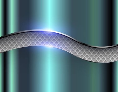 Zarif parlak metalik dalgalarla gümüş yeşil metal arka plan, 3 boyutlu vektör illüstrasyonu.