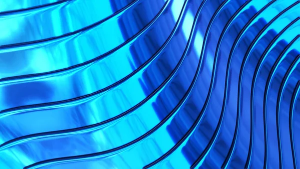 青の背景ストライプ3D波状パターン エレガントな光沢のある金属ストライプの波 クロム金属の質感 — ストック写真