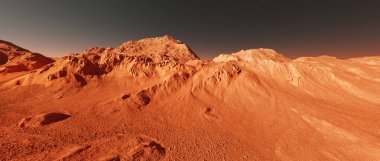 Mars manzarası, hayali Mars gezegeninin 3D görüntüsü, turuncu kırmızı aşınmış Mars yüzeyi, bilim kurgu illüstrasyonu.