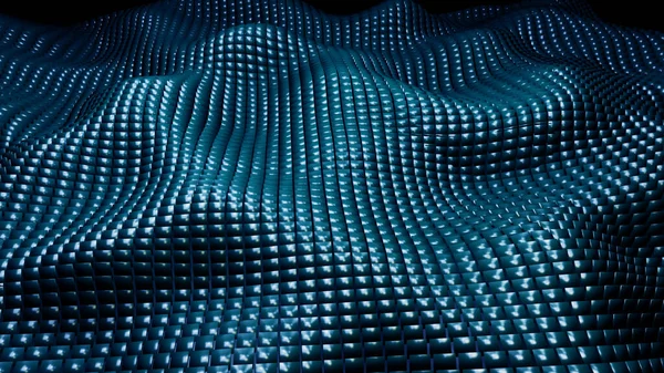 ダークブルーのモザイクの背景 正方形の金属形状からの3D波 技術抽象的な現代の壁紙 ダイナミックな3Dレンダリングイラスト — ストック写真