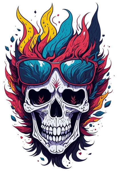 Fancy Smiling Skull Sunglasses Fantasy Fire Flames Isolated Vintage Style — Stock Vector
