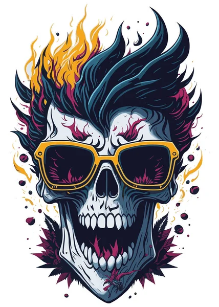 환상적 불꽃을 선글라스를 두개골 고립되고 빈티지 스타일의 티셔츠 일러스트 디자인 — 스톡 벡터