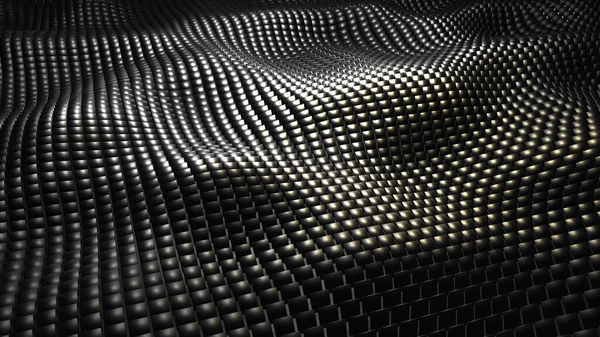 黒いモザイクの背景 正方形の金属形状からの3D波 技術抽象的な現代の壁紙 ダイナミックな3Dレンダリングイラスト — ストック写真