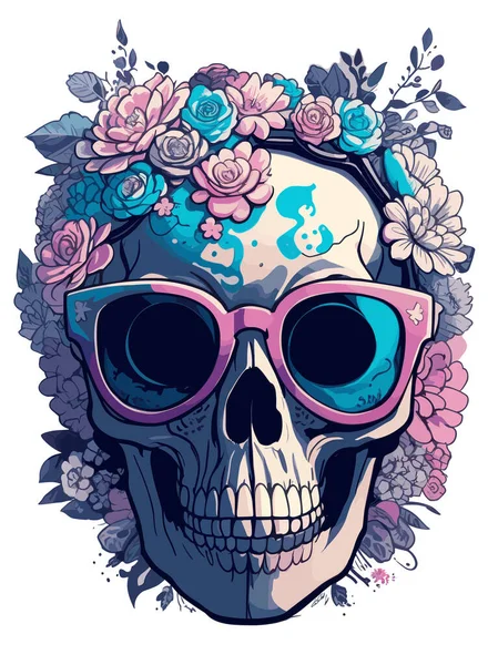 Fancy Smiling Skull Sunglasses Fantasy Flowers Vintage Style Flat Sticker — Stock Vector