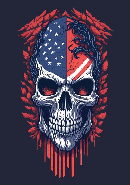 アメリカの国旗フラットステッカーイラスト死頭蓋骨の顔 Tシャツグラフィックヴィンテージデザインベクトルイラスト — ストックベクタ