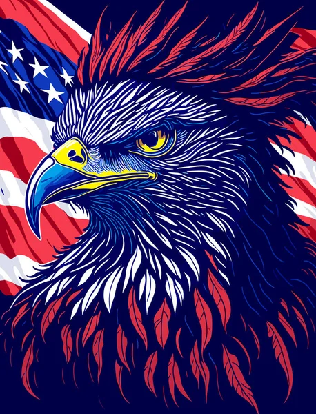 ワシの頭は 米国の旗と黒の背景に隔離されました 王のワシの芸術的なベクトルのイラストとアメリカの国旗 — ストックベクタ