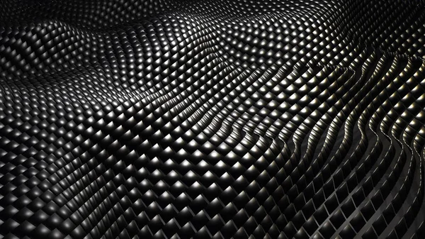 黒いモザイクの背景 正方形の金属形状からの3D波 技術抽象的な現代の壁紙 ダイナミックな3Dレンダリングイラスト — ストック写真