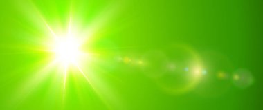 Güneşli arka plan, yeşil mercekli güneş, sıcak hava konsepti, vektör yaz çizimi.