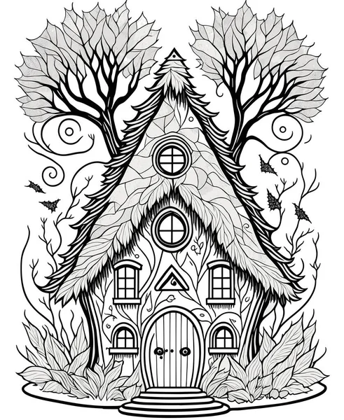 黒と白の面白い妖精の家 ハロウィーンかわいい家は孤立しました 着色本ページベクターのイラスト — ストックベクタ