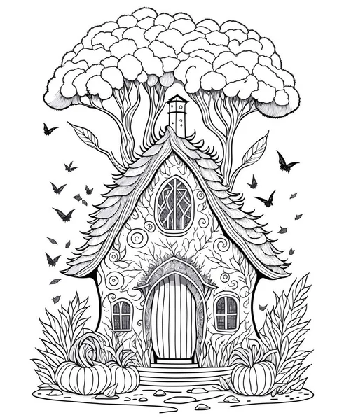 Black White Funny Fairy House Halloween Cute House Isolated Coloring — Stock Vector