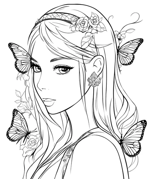 Black White Portrait Young Woman Butterflies Background Coloring Book Page — Stock Vector