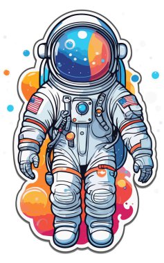 Uzay elbisesi içinde bir astronot, renkli komik düz vektör çizimi çıkartma, klip sanatı, tişört tasarımı