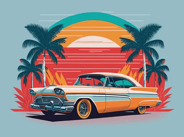 Retro Car Beach Palms Sunset Vintage Stcker Vector Illustration — Stock Vector