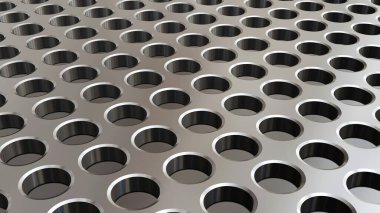 Metalik arka plan delinmiş delikler deseni, teknolojik metal tasarımı, 3 boyutlu delinmiş doku ilüstrasyonu.